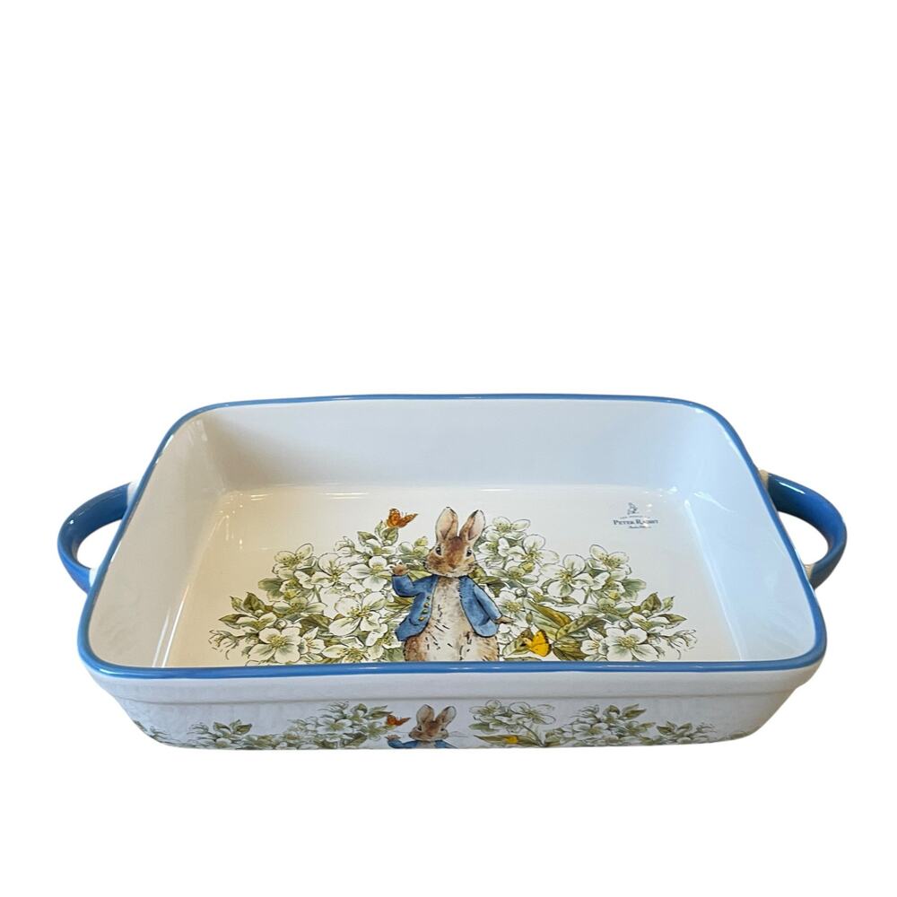 Beatrix Potter Peter Rabbit Rectangular Ceramic Baker Blue Rim Easter  NEW - Picture 9 of 15